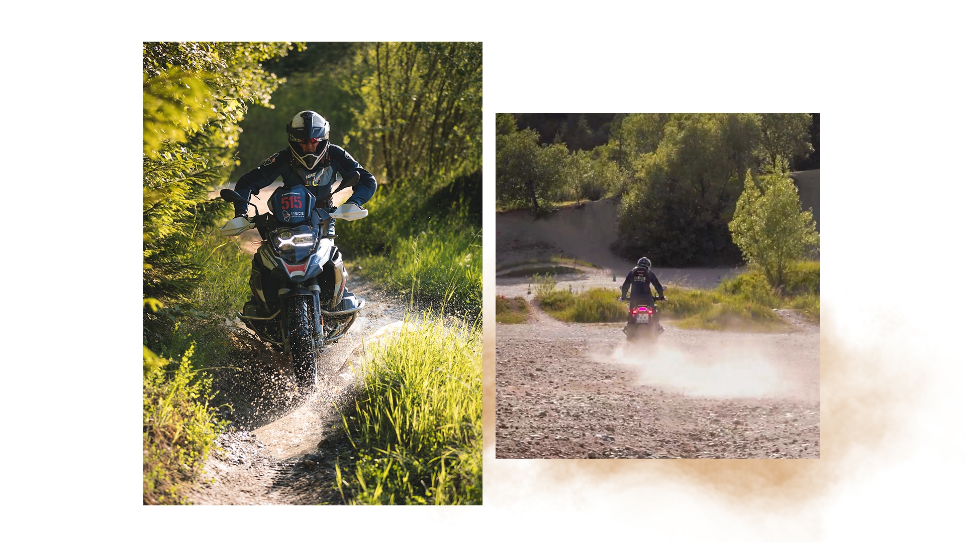 La moto cruzando un cauce de agua y un primer plano del perfil del taco en el lecho de lodos