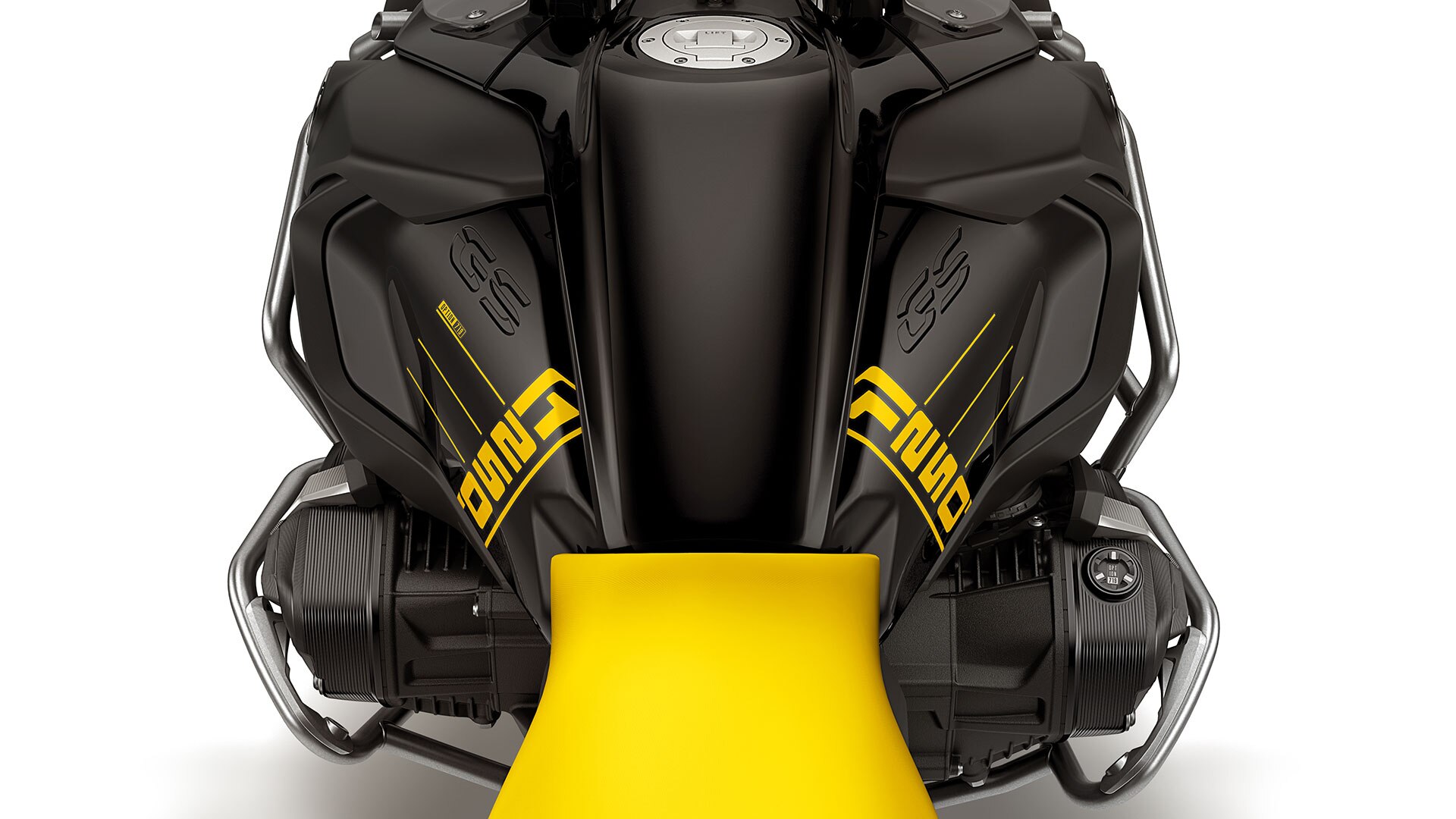 Vemos la R 1250 GS en la vista superior con letras 1250 y el motor bóxer que sobresale con tapas de culata en las piezas de palanquilla de la opción 719.